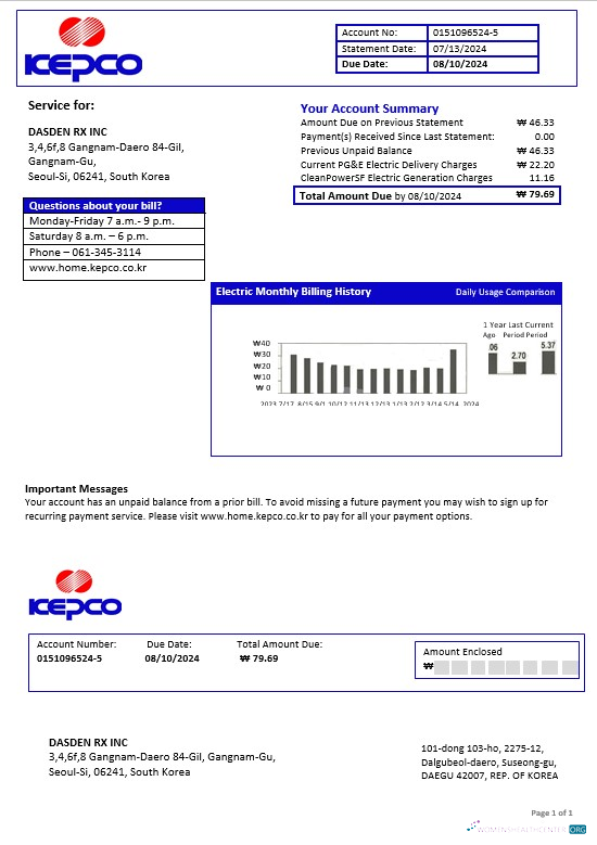 South Korea Electric Power Corporation electricity business utility bill template in Word and PDF formats